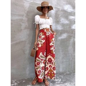 ZARA High-Waisted Print Wide-Leg Linen Trousers (Size: L)